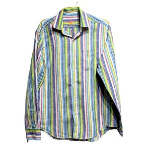 J McLaughlin 100% Linen Long Sleeve Button Down Shirt Size M. Multicolor Print
